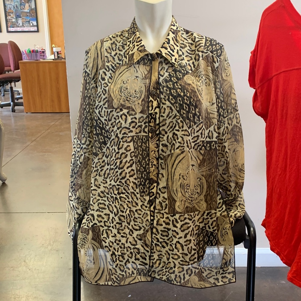 Animal Print Button Down Blouse with Sheer Sleeves and Sheer Front Panels